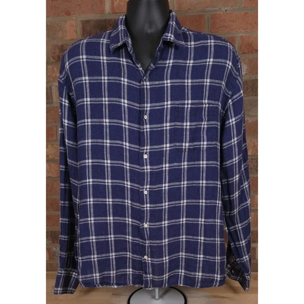 Peter Millar Collection 100% Linen L/S Button Up Blue Plaid Shirt Size XL